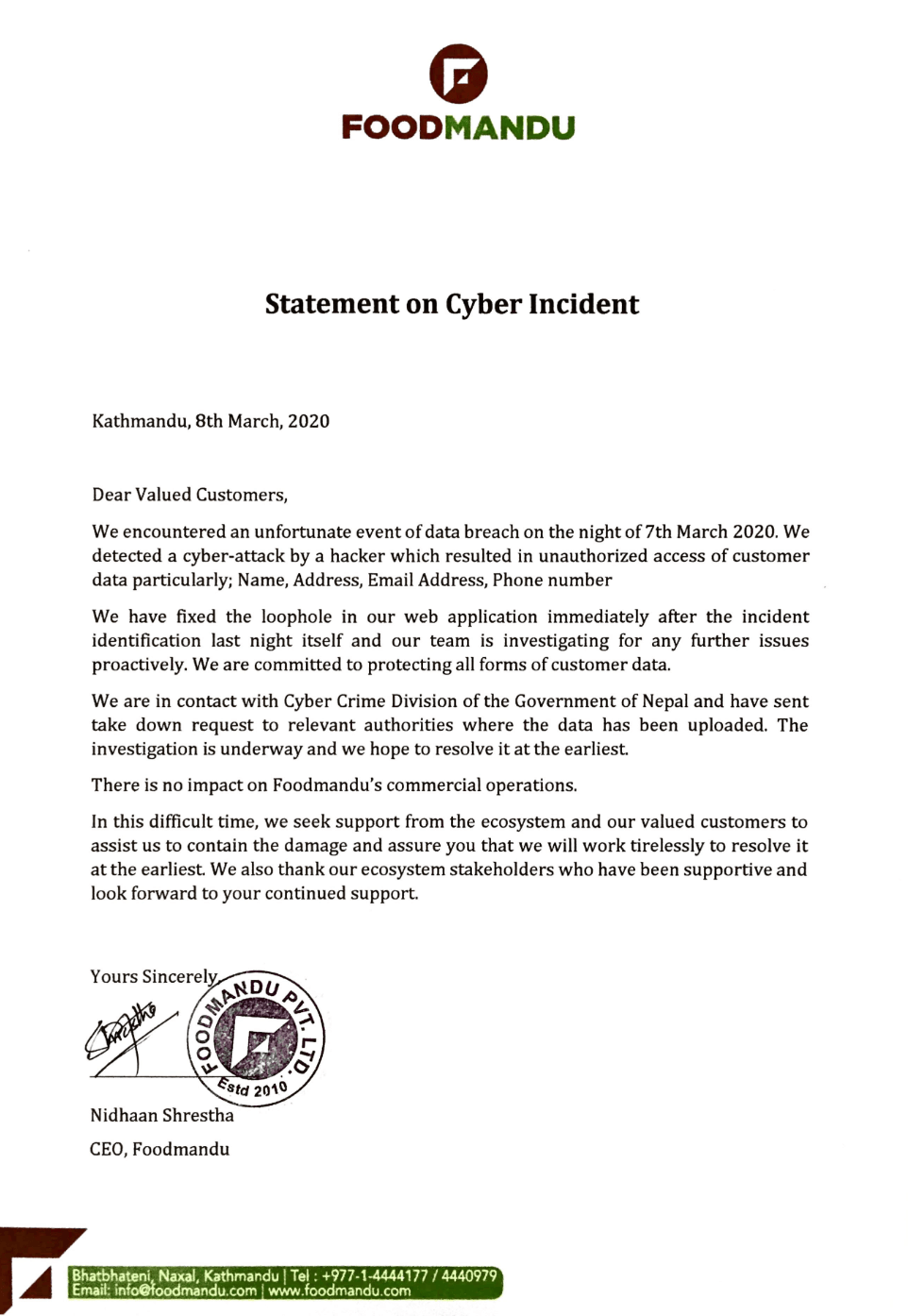 Foodmandu hack statement